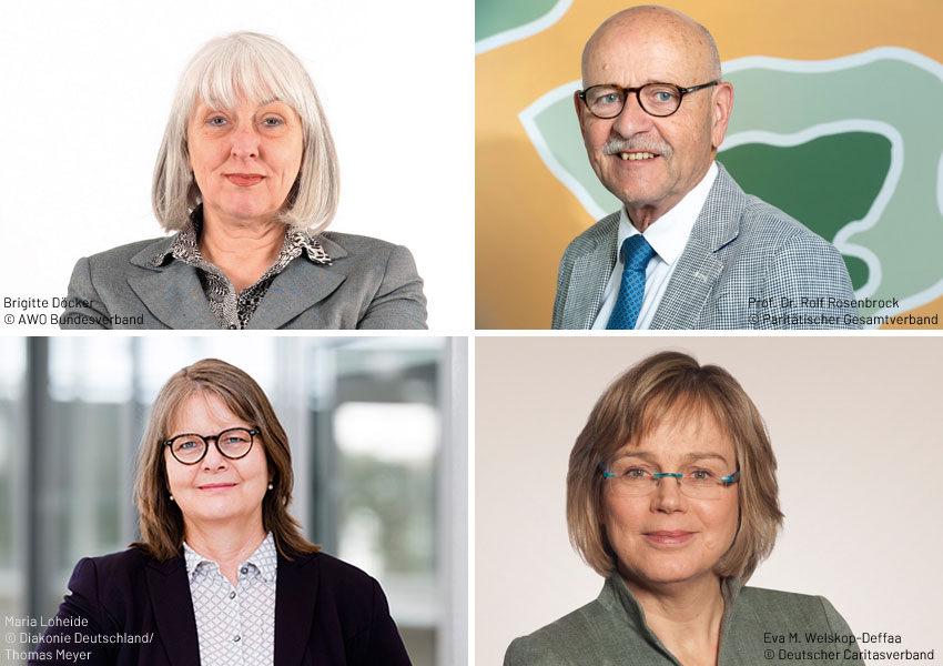 Porträt von Brigitte Döcker, Prof. Dr. Rolf Rosenbrock, Maria Loheide und Eva M. Welskop-Deffaa (v.l.n.r.v.o.n.u.), Expertinnen für gesundheitliche Chancengleichheit